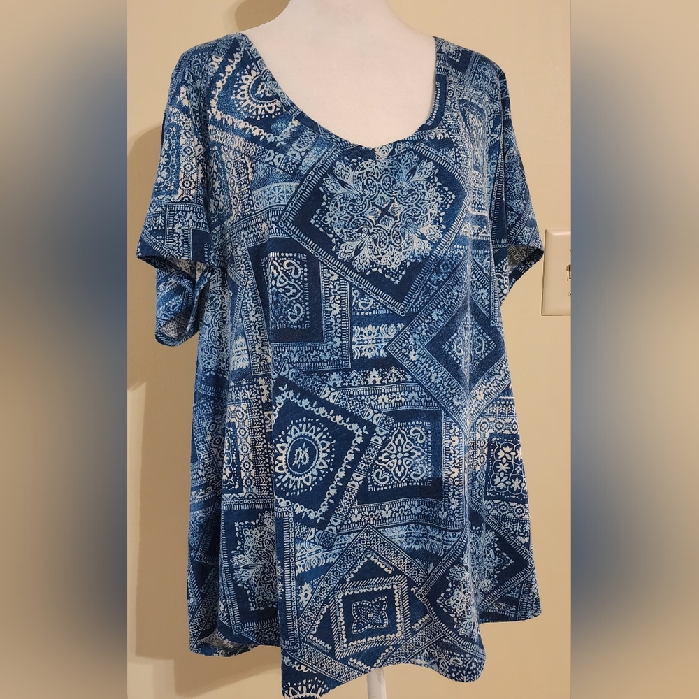 Sonoma Women's Plus Size 1X Boho Blue Paisley Patchwork Everyday Tee